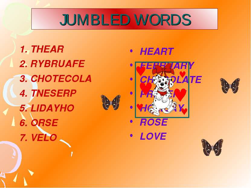 JUMBLED WORDS HEART FEBRUARY CHOCOLATE PRESENT HOLIDAY ROSE LOVE