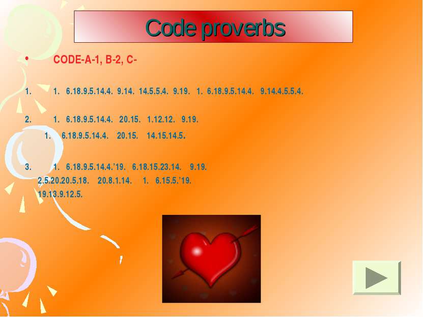 Code proverbs CODE-A-1, B-2, C- 1. 6.18.9.5.14.4. 9.14. 14.5.5.4. 9.19. 1. 6....