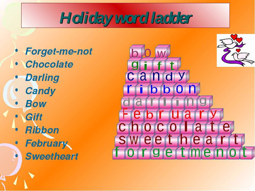 Holiday word ladder Forget-me-not Chocolate Darling Candy Bow Gift Ribbon Feb...