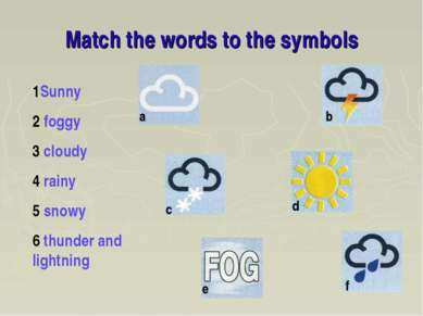 Match the words to the symbols 1Sunny 2 foggy 3 cloudy 4 rainy 5 snowy 6 thun...