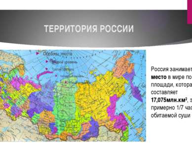 ТЕРРИТОРИЯ РОССИИ Россия занимает первое место в мире по площади, которая сос...
