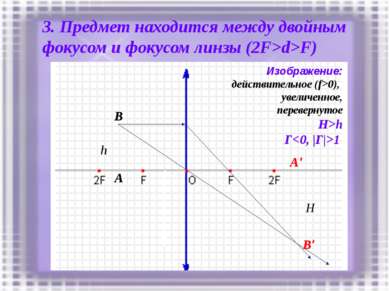 3. Предмет находится между двойным фокусом и фокусом линзы (2F>d>F) h A B A' ...