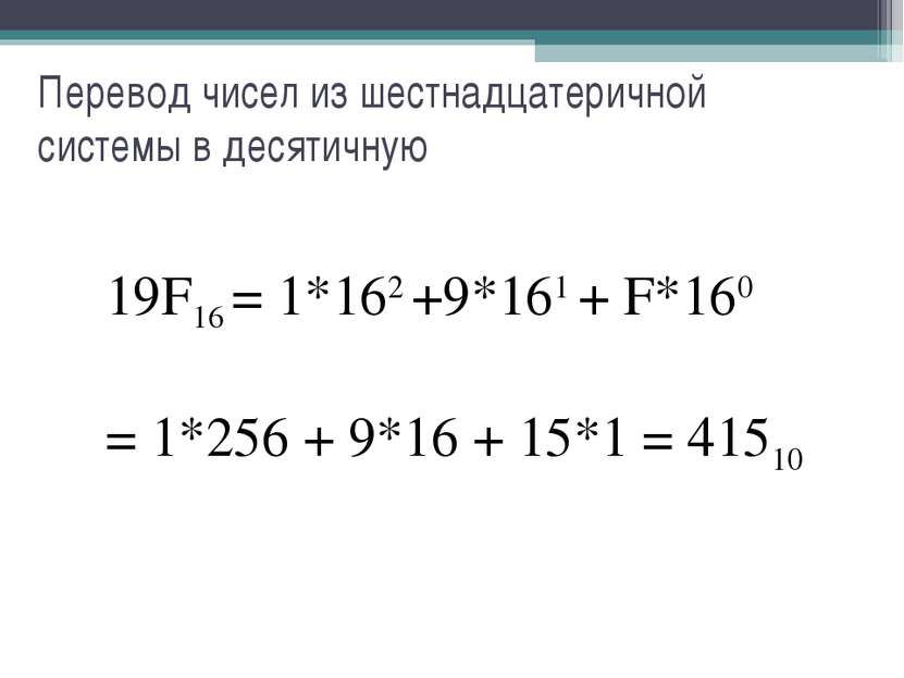 Перевод чисел из шестнадцатеричной системы в десятичную 19F16 = 1*162 +9*161 ...