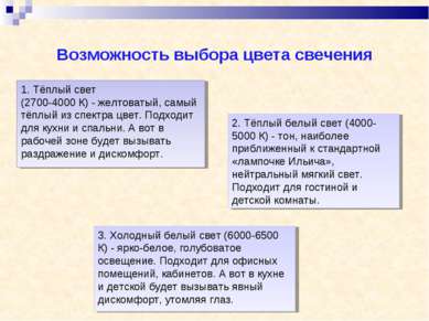 Возможность выбора цвета свечения 3. Холодный белый свет (6000-6500 К) - ярко...