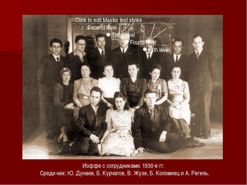 Иоффе с сотрудниками. 1930-е гг. Среди них: Ю. Дунаев, Б. Курчатов, В. Жузе, ...