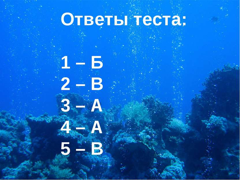 Ответы теста: 1 – Б 2 – В 3 – А 4 – А 5 – В