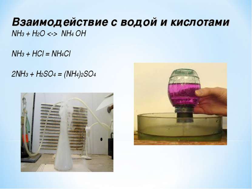 Взаимодействие с водой и кислотами NH3 + Н2О NН4 ОН NH3 + HCl = NH4Cl 2NH3 + ...