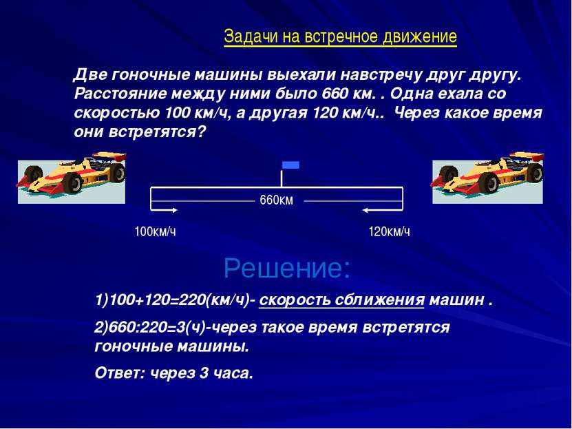 100км/ч 120км/ч 1)100+120=220(км/ч)- скорость сближения машин . 2)660:220=3(ч...