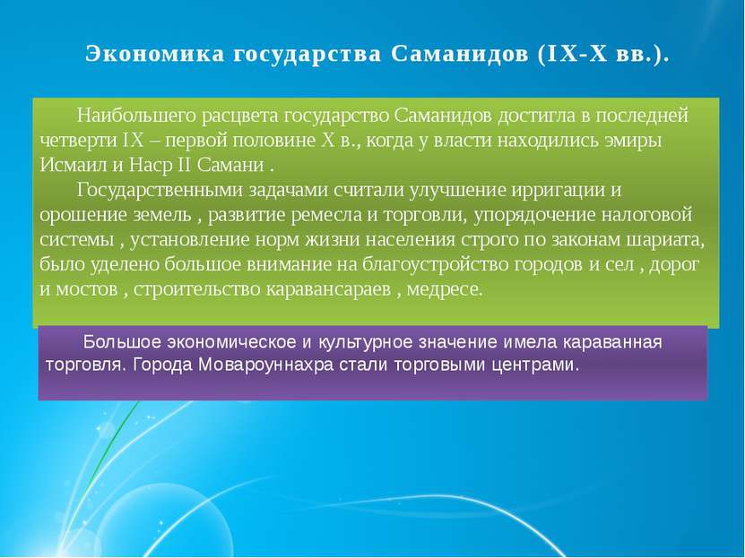 Экономика государства Саманидов (IX-X вв.).  Наибольшего расцвета государство...