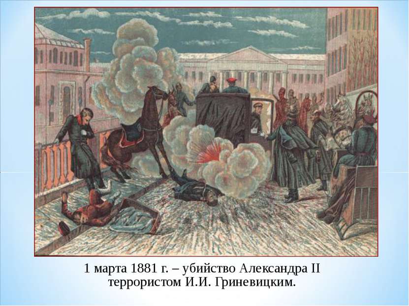 1 марта 1881 г. – убийство Александра II террористом И.И. Гриневицким.