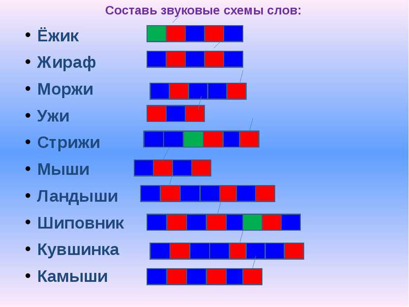 Составь звуковые схемы слов: Ёжик Жираф Моржи Ужи Стрижи Мыши Ландыши Шиповни...