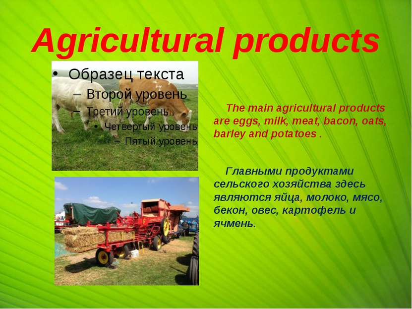 Agricultural products The main agricultural products are eggs, milk, meat, ba...