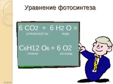 Уравнение фотосинтеза 6 СО2 + 6 Н2 О = углекислый газ вода С6Н12 О6 + 6 О2 гл...
