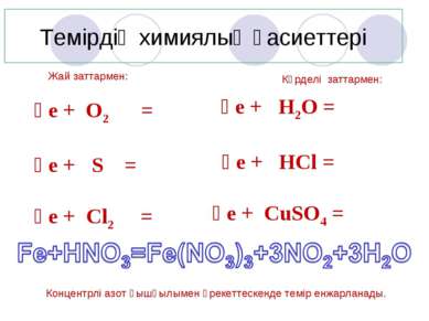 Темірдің химиялық қасиеттері Жай заттармен: Ғе + O2 = Ғе + S = Ғе + Cl2 = Күр...