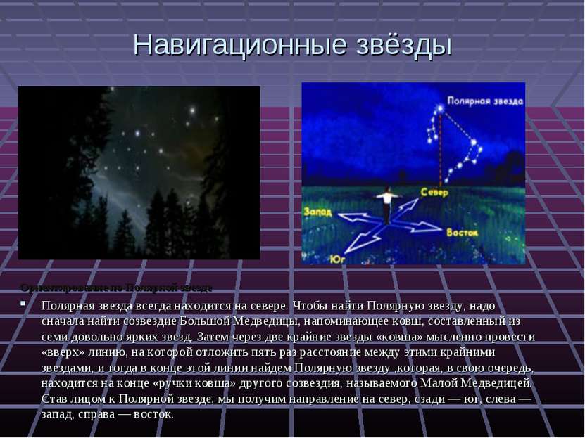 Навигационные звёзды Ориентирование по Полярной звезде Полярная звезда всегда...