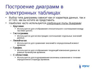 Построение диаграмм в электронных таблицах Выбор типа диаграммы зависит как о...