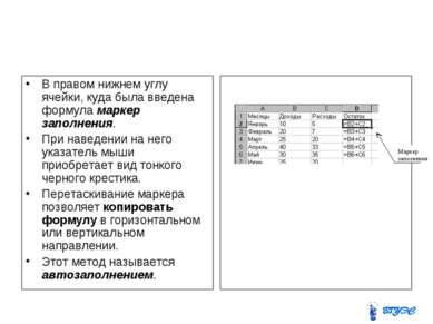 В правом нижнем углу ячейки, куда была введена формула маркер заполнения. При...