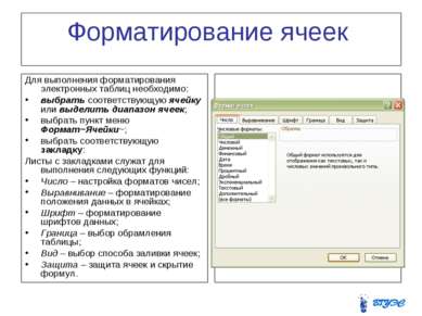 Форматирование ячеек Для выполнения форматирования электронных таблиц необход...