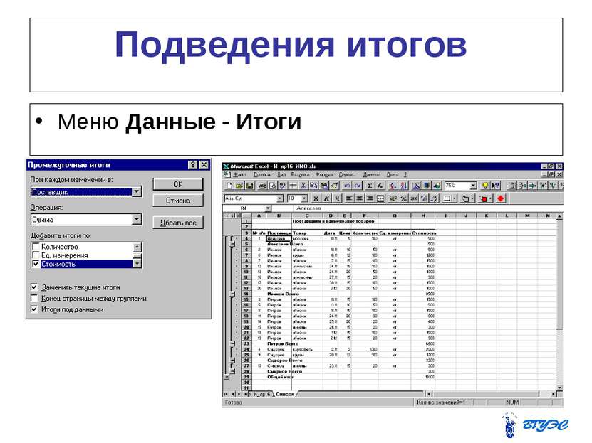 Подведения итогов Меню Данные - Итоги