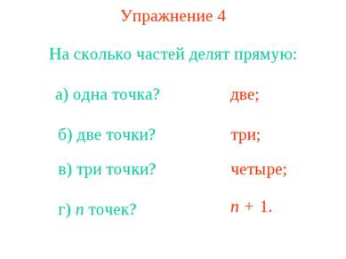 Упражнение 4 На сколько частей делят прямую: а) одна точка? б) две точки? две...