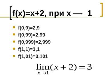 f(x)=x+2, при х 1 f(0,9)=2,9 f(0,99)=2,99 f(0,999)=2,999 f(1,1)=3,1 f(1,01)=3...