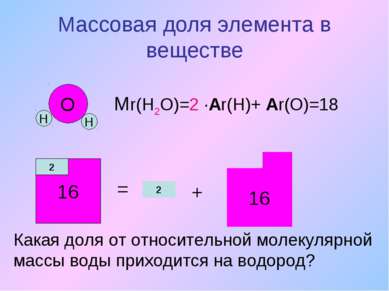 Массовая доля элемента в веществе О Н Н Мr(Н2О)=2 ∙Аr(Н)+ Аr(О)=18 16 = 2 2 +...