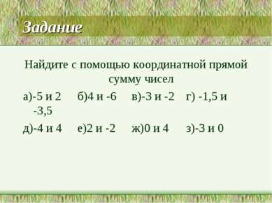 Задание Найдите с помощью координатной прямой сумму чисел а)-5 и 2 б)4 и -6 в...