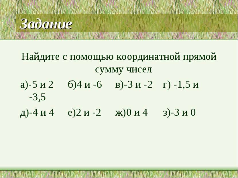 Задание Найдите с помощью координатной прямой сумму чисел а)-5 и 2 б)4 и -6 в...