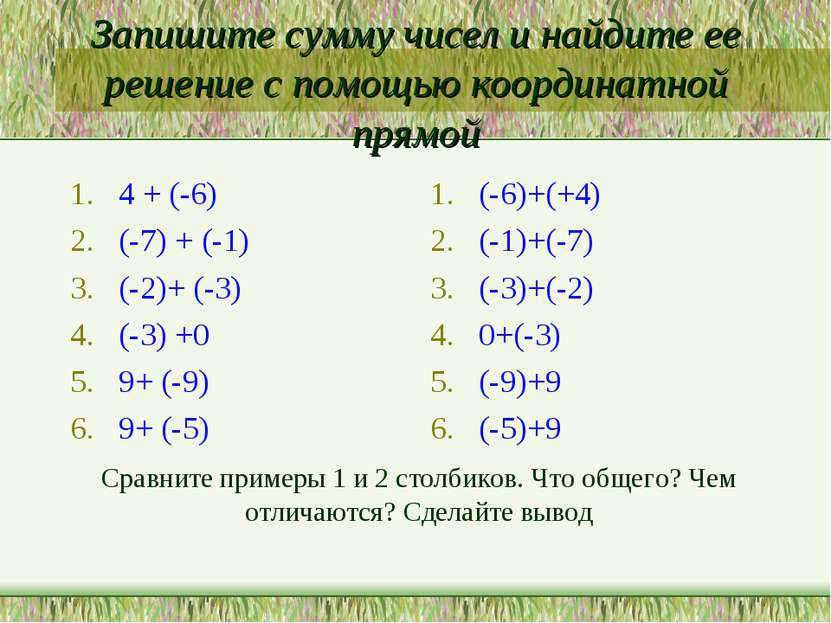 Запишите сумму чисел и найдите ее решение с помощью координатной прямой 4 + (...