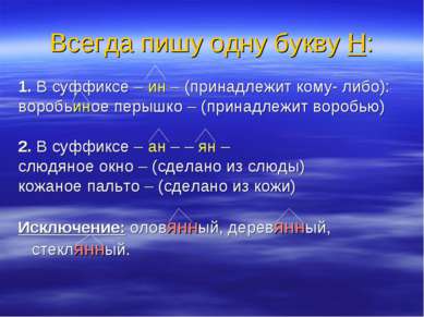 Всегда пишу одну букву Н: 1. В суффиксе – ин – (принадлежит кому- либо): воро...