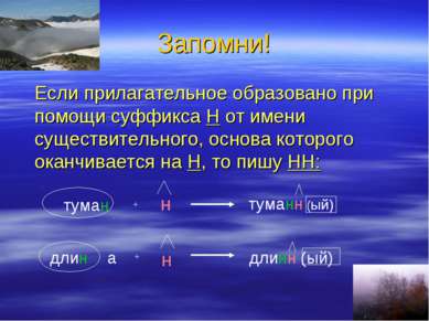 Запомни! Если прилагательное образовано при помощи суффикса Н от имени сущест...