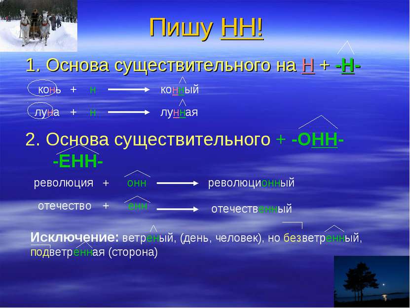 Пишу НН! 1. Основа существительного на Н + -Н- 2. Основа существительного + -...