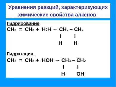 Уравнения реакций, характеризующих химические свойства алкенов Гидрирование С...