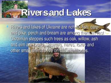 Rivers and Lakes Rivers and lakes of Ukraine are rich for fish: carp and pike...