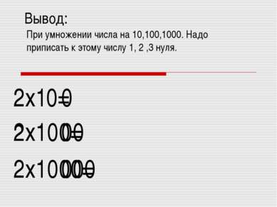 Вывод: 2х10= 2 0 2х100= 2х1000= 2 00 2 000 При умножении числа на 10,100,1000...