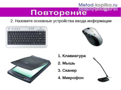 2. Назовите основные устройства ввода информации Клавиатура Мышь Сканер Микрофон