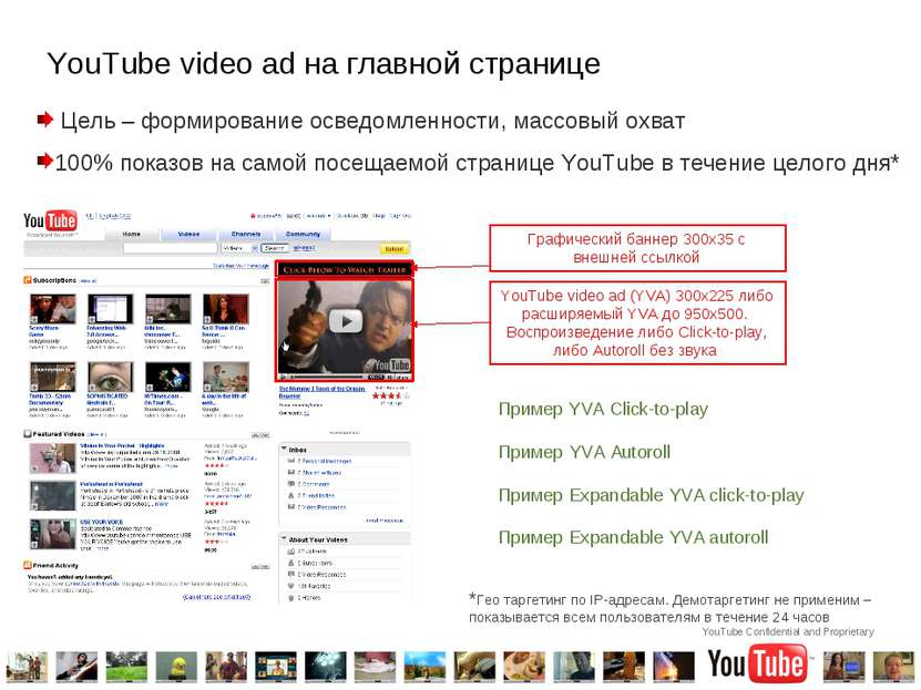 YouTube video ad на главной странице Цель – формирование осведомленности, мас...