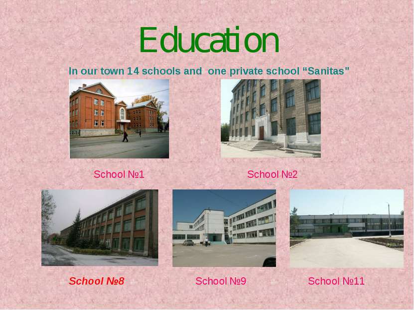 Education In our town 14 schools and one private school “Sanitas" School №1 S...