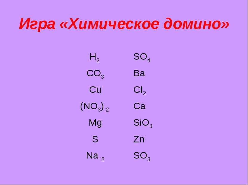 Игра «Химическое домино» Н2 SO4 CO3 Ba Cu CI2 (NO3) 2 Ca Mg SiO3 S Zn Na 2 SO3