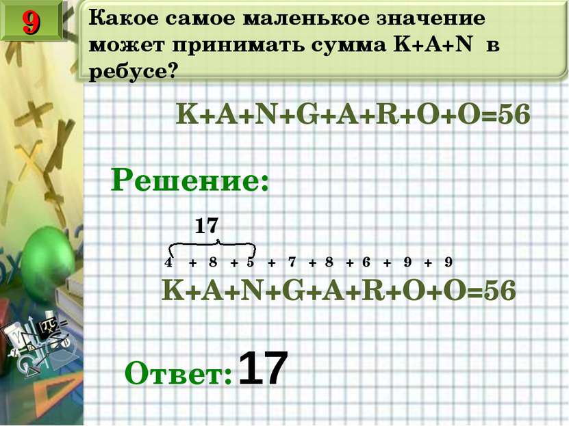 Какое самое маленькое значение может принимать сумма K+A+N в ребусе? K+A+N+G+...