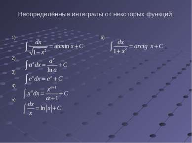 Неопределённые интегралы от некоторых функций. 1) 6) 2) 3) 4) 5)