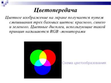 Цветопередача Цветное изображение на экране получается путем смешивания трех ...