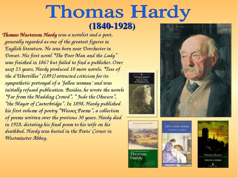 Thomas Masterson Hardy was a novelist and a poet, generally regarded as one o...