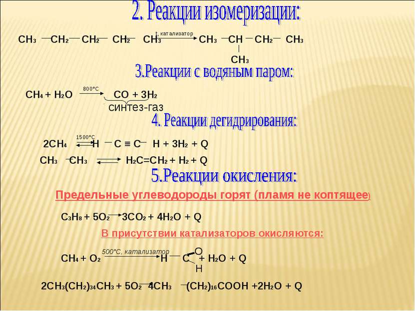 СН3 СН2 СН2 СН2 СН3 t, катализатор СН3 СН СН2 СН3 СН3 СН4 + Н2О СО + 3Н2 800°...