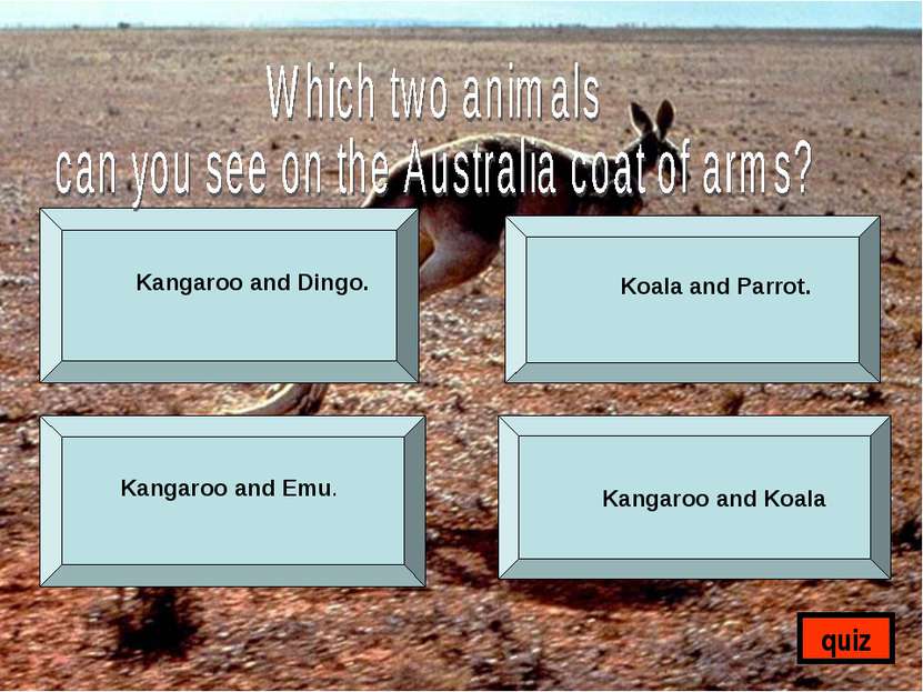 Kangaroo and Dingo. Koala and Parrot. Kangaroo and Emu. Kangaroo and Koala quiz