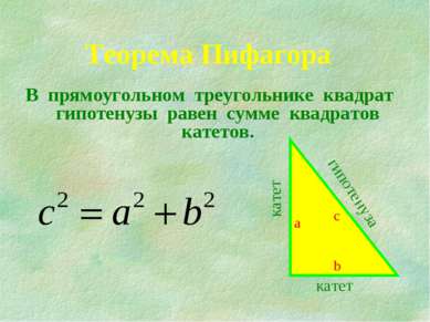 Теорема Пифагора В прямоугольном треугольнике квадрат гипотенузы равен сумме ...