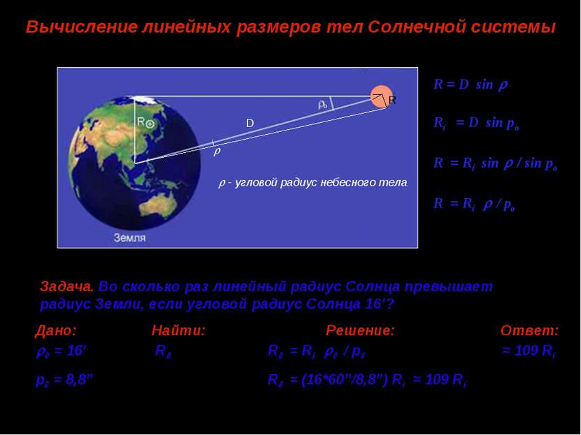 Вычисление линейных размеров тел Солнечной системы R = D sin R⊕ = D sin po R ...