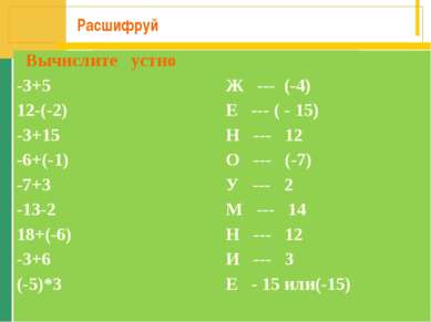Расшифруй Вычислите устно -3+5 Ж --- (-4) 12-(-2) Е --- ( - 15) -3+15 Н --- 1...