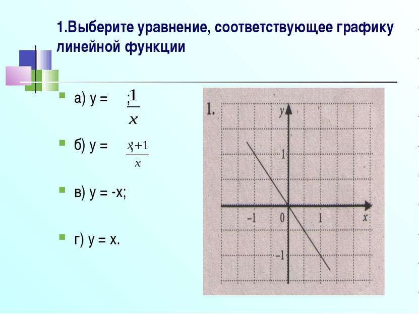 1.Выберите уравнение, соответствующее графику линейной функции а) y = ; б) y ...