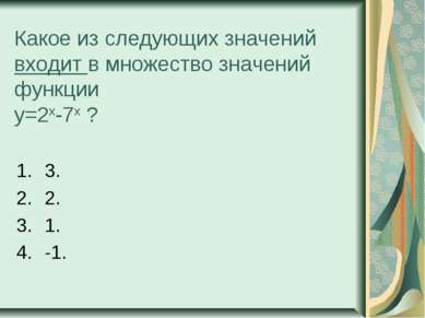 Какое из следующих значений входит в множество значений функции у=2х-7х ? 3. ...